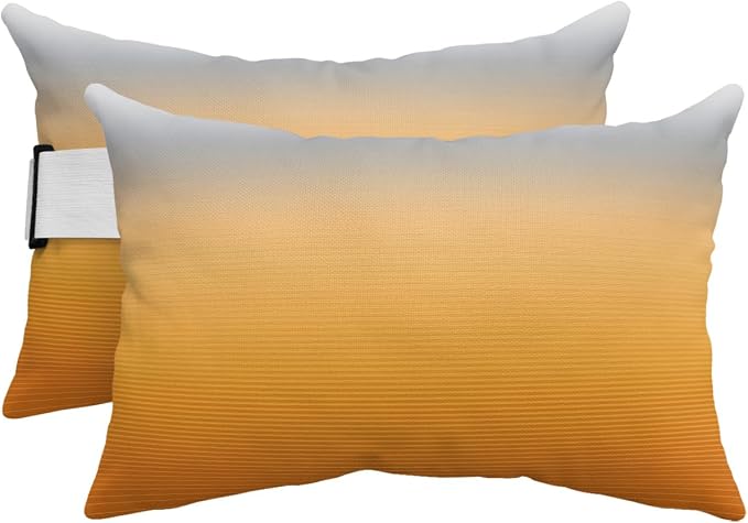 Outdoor Pillows Covers with Inserts Grey Yellow Orange Ombre Stripe Line Gradient Waterproof Recliner Pillow with Adjustable Strap Throw Pillows for Patio Furniture Pool Lounge Chair, 11x16 Inch, 2PCS