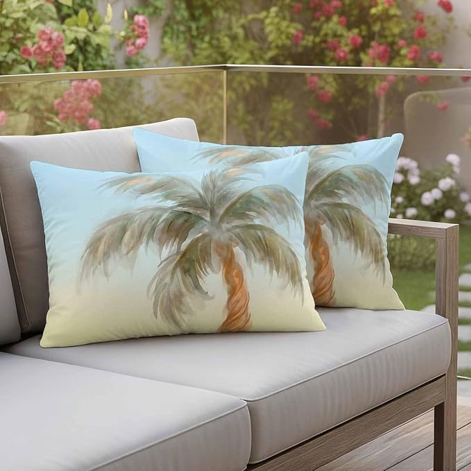 Yukro Summer Palm Tree Outdoor Waterproof Pillow Covers Pack of 2, Coastal Tropical Plant Watercolor Texture Throw Pillowcases Decorative Cushion Covers for Garden Patio Tent Sofa Couch, 20x12 inch