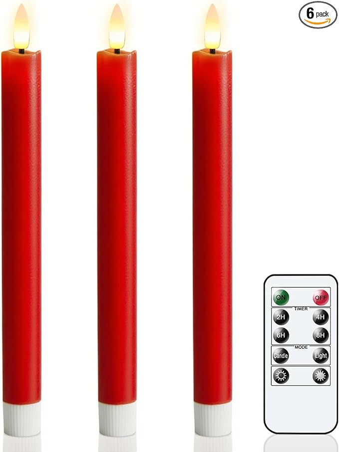 GenSwin Red Flameless Taper Candles with Remote, Real Wax Taper Candles Battery Operated, LED Flameless Candlesticks with 3D Wick for Home Halloween Christmas Holiday Decor(Set of 3, 0.78” x 9.6”)