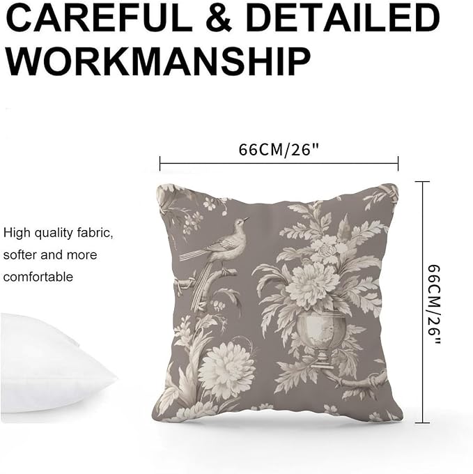 Tan French Country Toile Floral Throw Pillow Covers Grey White Bird Cushion Cases 26x26 INAbstract Accent Decorative Cushion Covers Home Decor for Patio Couch Tent Sofa