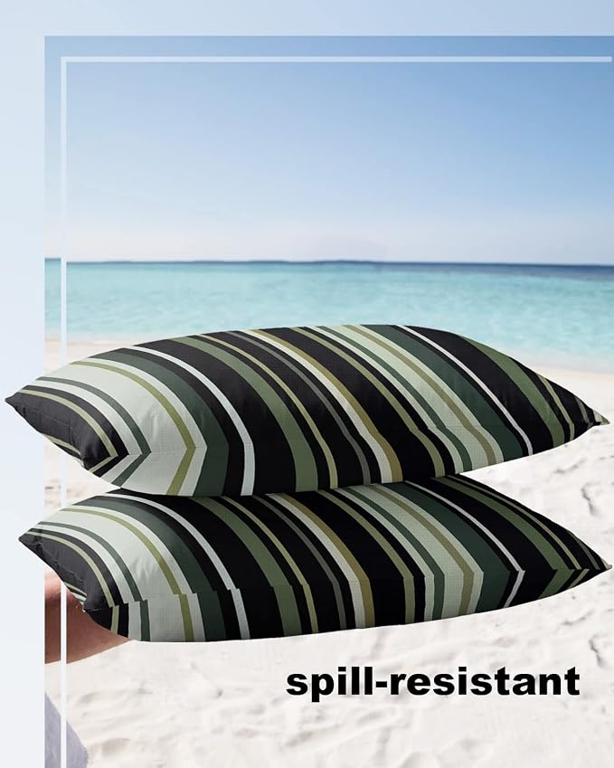 Outdoor Waterproof Pillow Covers for Patio Simple Stripe Decorative Throw Pillow Cover Black And Green Geometric Pattern Pillowcases Set of 2 Cushion Case for Sofa Couch Chair Home Decor 20x12 inch
