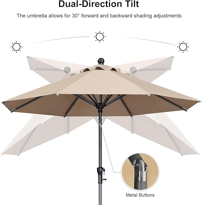 PURPLE LEAF 8' Round Patio Umbrella Outdoor Table Umbrella Aluminum Frame Market Umbrella Sun Umbrella with 8 Sturdy Ribs Tilt for Garden Deck Lawn Pool Taupe