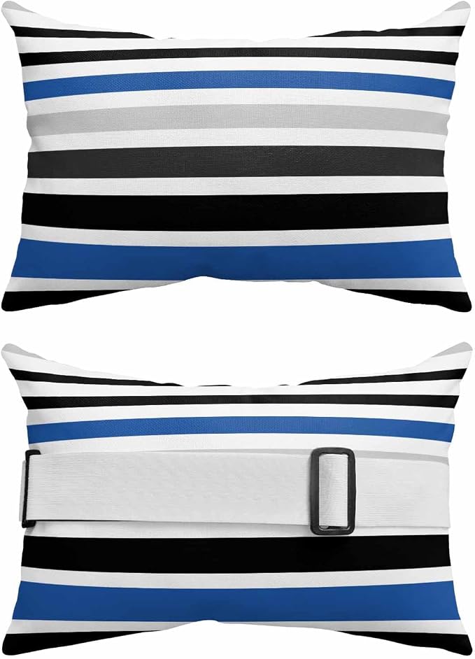 Navy Blue Black Stripe Outdoor Pillows for Chaise Lounge Chair Beach Headrest Pillow Set of 2 Waterproof Lumbar Pillows with Insert Modern Abstract Coarse Striped Neck Pillow for Patio Pool 11"x16"