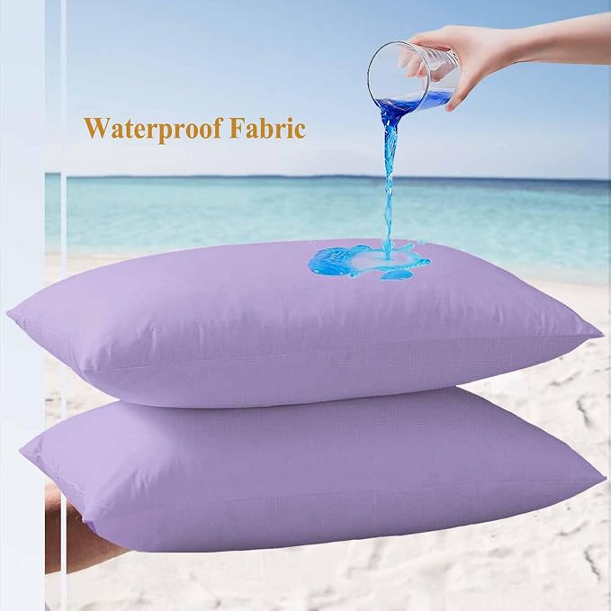 Minimalist Solid Color Outdoor Waterproof Throw Pillow Covers Set of 2, 20"x12", Pure Lavender Purple Simple Decorative Pillow Covers Outside Cushion Case for Patio Porch Garden
