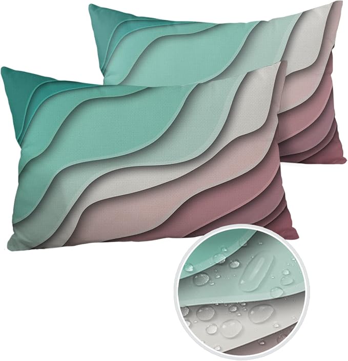 Funy Decor Waterproof Outdoor Throw Pillow Cover Green Modern Geometric Lumbar Pillowcases Set of 2 Abstract Beach Decorative Patio Furniture Pillows for Couch Garden 20 x 12 Inches