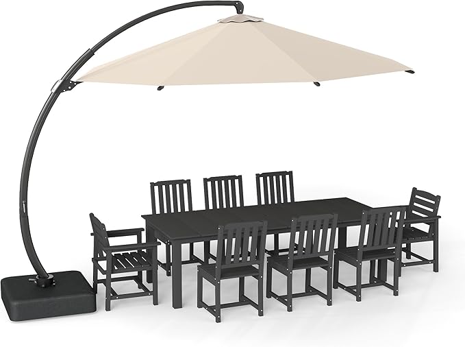 Patio Kingdom9-Piece Black Outdoor Dining Set with White11FT Large Patio Umbrella, 75.2'' HDPE Table & Chairs for 8, Weather-Resistant Furniture with Umbrella Hole for Patio, Lawn, Poolside