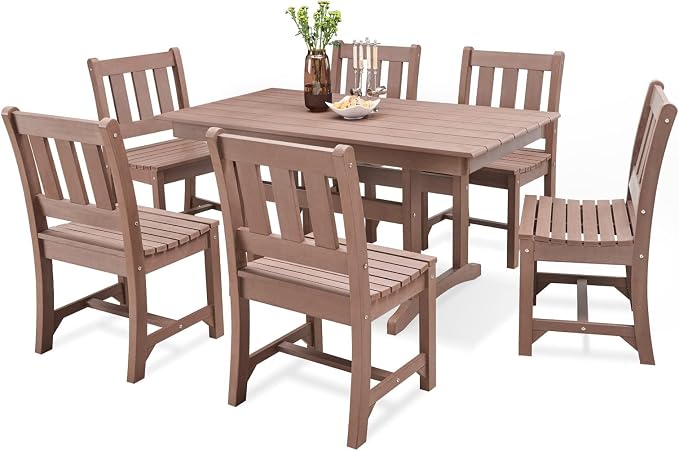 Psilvam 7-Piece Patio Dining Set, Poly Lumber Outdoor Table and Chairs, 6-Person Weather Resistant Farmhouse Dining Set with 59" Rectangular Table & 6 Chairs, Patio Furniture for Garden Backyard,Brown