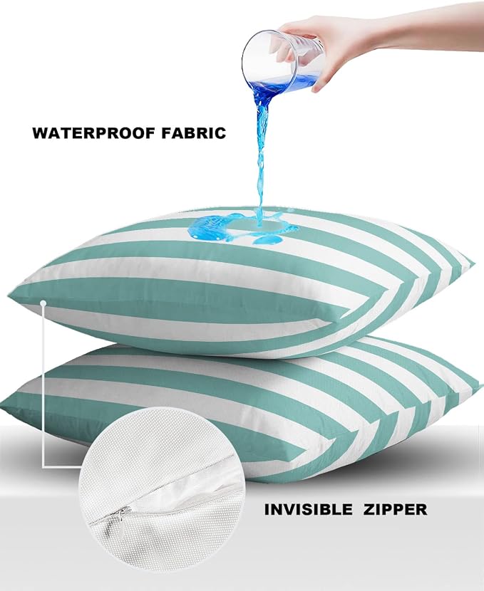 Outdoor Waterproof Pillow Covers for Patio Furniture Solid Striped Decorative Throw Pillow Cover Teal Blue Pillowcases Set of 2 Cushion Case for Sofa Couch Chair Home Decor 24 x 24 Inches