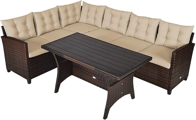 HAPPYGRILL 3-Piece Outdoor Patio Furniture Set Rattan Wicker Sofa Set with Seat & Back Cushions, Manual Weaving Conversation Set with Coffee Table for Patio Garden Backyard