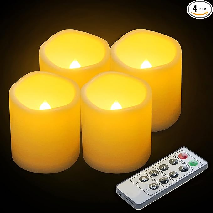 3”X3” 4 Pack Outdoor Flameless Candles Battery Operated LED Waterproof Pillar Candles with Remote Timer Electric Flickering LED Lights for Christmas, Halloween, Wedding, Home, Garden Decorations