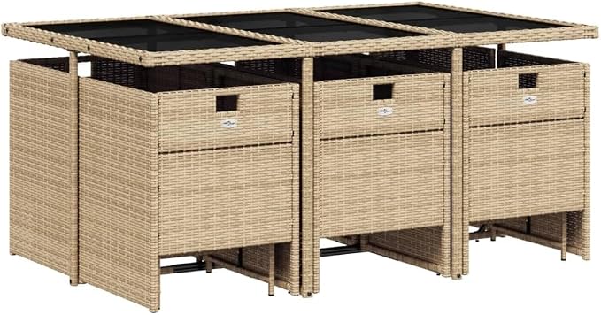 11 Piece Patio Dining Set with Cushions Beige Poly Rattan Outdoor Furniture Table and 6 Chairs with Foldable Backrest Space-Saving Design for Garden Backyard Deck Entertaining