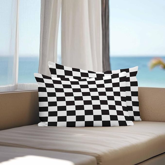 Lumbar Pillow Covers 20x12 Inch Set of 2, Simple Black White Checkered Waterproof Outdoor Cushion Covers, Lattice Buffalo Plaid Decorative Pillowcases for Couch, Sofa, Bed, Garden, Patio