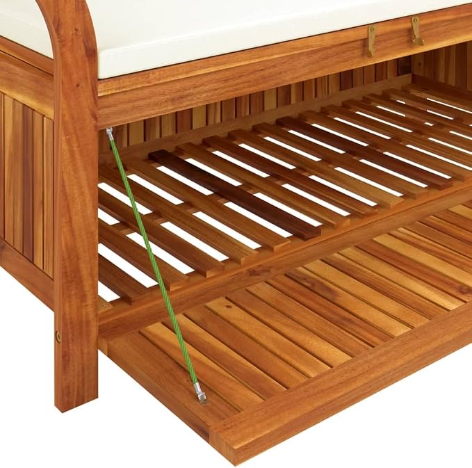 Wooden Outdoor Patio Storage Bench Large Deck Box with White Cream Cushion, Entryway Storage Bench, Solid Wood Acacia Storage Box Deck Box with Seat, 49.6"x19.7"x23.6"