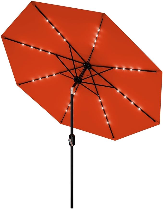 Garvee 9/10 FT Solar Patio Umbrella with 32 LED Lights - Outdoor Table Umbrella with Crank Lift, Push Button Tilt and 8 Sturdy Ribs - Market Umbrella UV Protection for Pool, Deck, Yard, Garden
