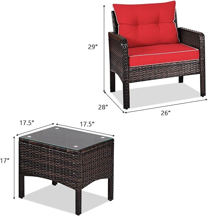ORALNER 3-Piece Patio Conversation Set, All-Weather Wicker Sofa Chair and Coffee Table Set with Thick Cushions, Outdoor Furniture, Rattan Bistro Set for Balcony Deck Porch Poolside Garden (Red)