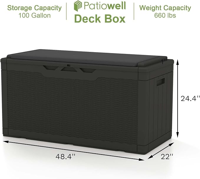 Patiowell 100 Gallon Resin Deck Box with cushion, Waterproof Large Outdoor Storage Box for Patio Furniture and Garden Tools, Black