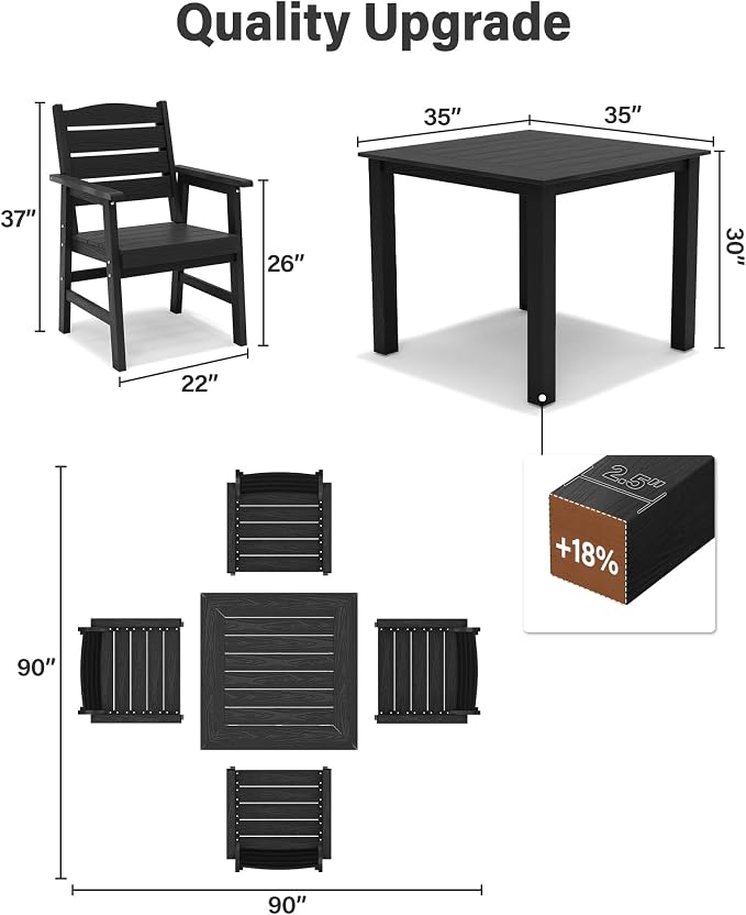 YEFU HIPS Patio Dining Set for 6 : Modern Outdoor Table and Chairs Easy Clean Outdoor Dining Set - 8-Piece Waterproof All-Weather Easy Assembly Furniture for Backyard Garden Deck（Black）