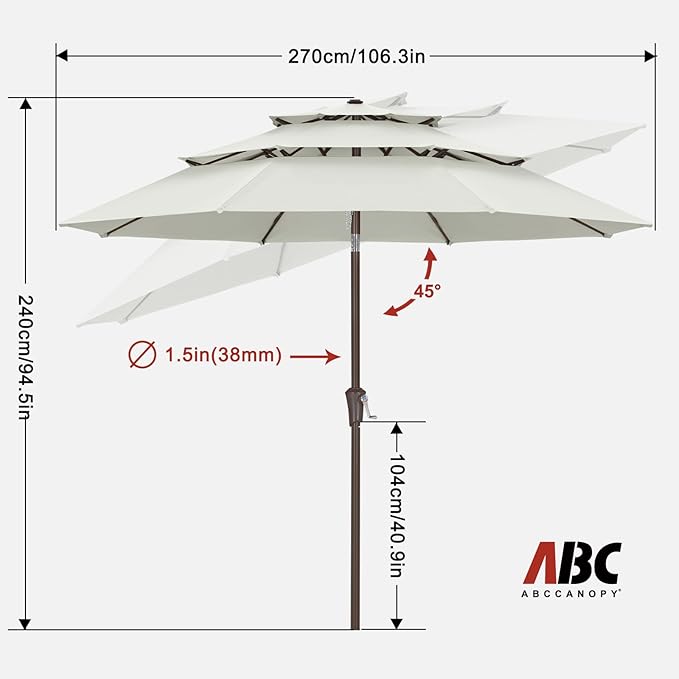 ABCCANOPY 9Ft 3 Tiers Market Umbrella, Outdoor Table Umbrella for Patio, Deck, Backyard (Light Beige)