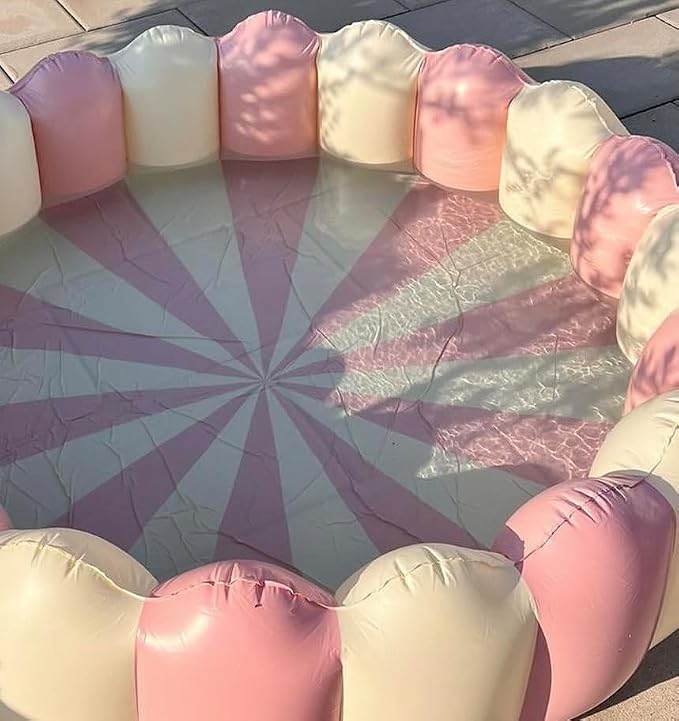 Petites Pommes Striped Blow Up Pool for Kids & Toddlers - Handprinted Classic Foldable Kids Pool - Durable, BPA-Free PVC Kiddie Pools with Repair Patch & Storage Bag, Light Pink, 63 x 18 Inch