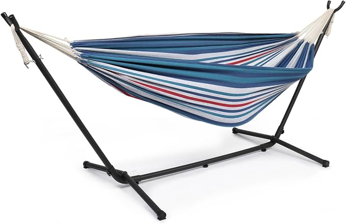 Double Hammock Chair with Stand, 2-Person Portable Hammock with Carrying Bag, Heavy Duty Hammocks for Outside Backyard, Camping, Garden, Yard, Patio, 330 lbs Weight Capacity (Blue Purple Stripes)