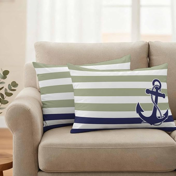 Lumbar Pillow Covers 20x12 Inch Set of 2, Striped Anchor Waterproof Outdoor Cushion Covers, Navy Blue Nautical Sage Green Geometric Decorative Pillowcases for Couch, Sofa, Bed, Garden, Patio