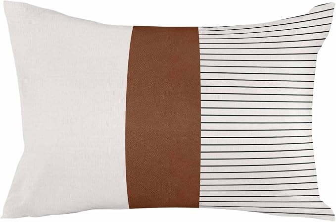 Waterproof Throw Pillow Covers for Couch Patio Living Room Furniture Garden Balcony, Boho Leather Texture Brown Rectangle Cushion Cases Home Decorations, 20 x 12 Inch Set of 2