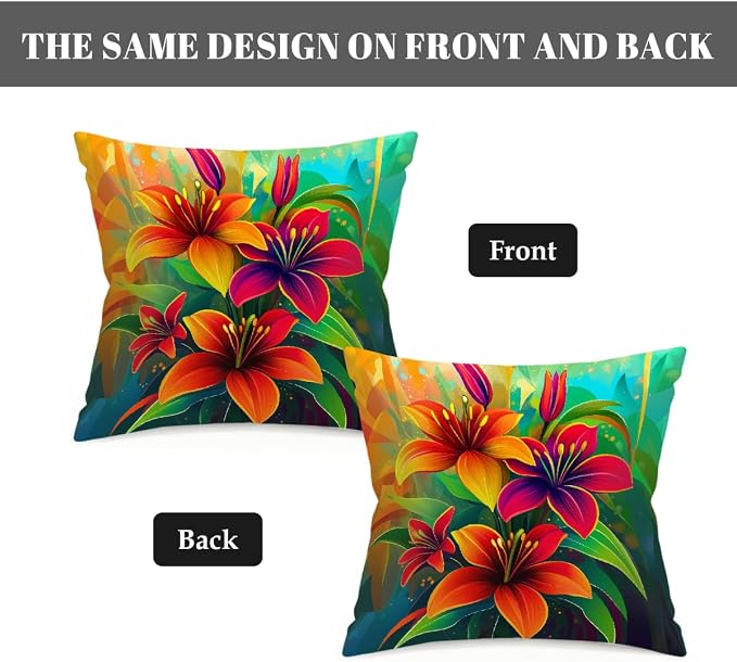 20x20 Inch Outdoor Pillow Covers Set of 2 Waterproof Throw Pillow Covers Decorative Couch Cushion Covers Neon Orange Green Flowers Square Pillowcases Protectors for Patio Garden Sofa