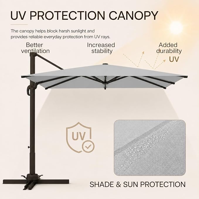 Kingdura 10x10 FT Cantilever Patio Umbrella with Base Included, Large Square Aluminum Offset Outdoor Pool Umbrella, 360° Rotation & 4-Position Tilt, UV Protection for Deck Backyard (Light grey)