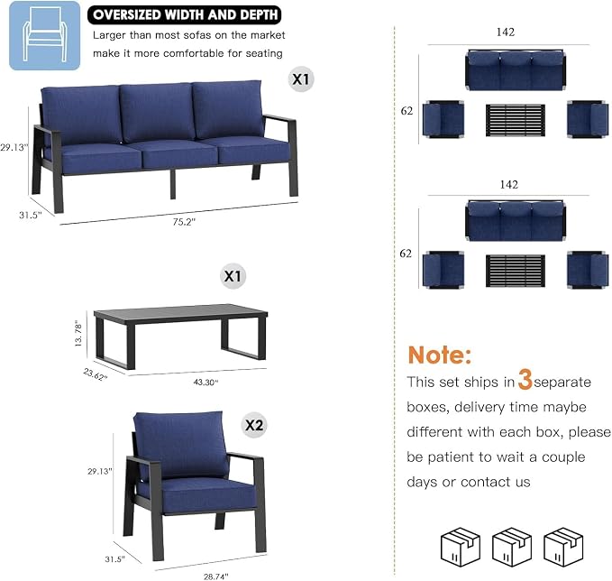 Aluminum Outdoor Patio Furniture Set, 4 Piece Sectional Coversation Sets with Coffee Table, Modern Outdoor Sofa Couch with Thick Cushions for Porch, Balcony, Garden(Blue Cushions)