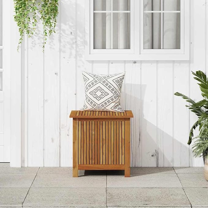 Solid Acacia Wood Outdoor Storage Box with Waterproof Bag, Patio Cushion and Garden Tool Organizer, Rustic Bench and Side Table