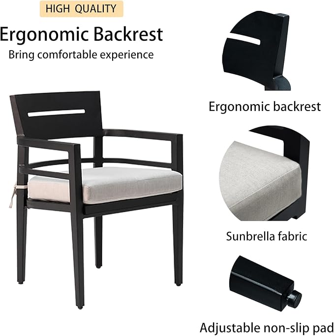 5-Piece Outdoor Patio Aluminum Furniture, Modern Dining Set, Including 4 Dining Chairs Sunbrella Fabric Cushioned and 40" Square Dining Table with Umbrella Hole, Ember Black
