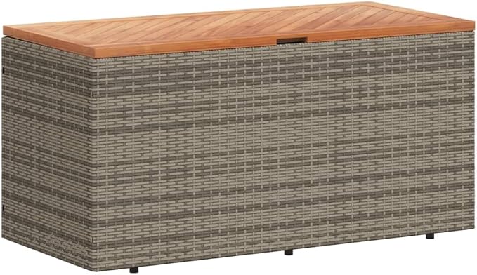 Outdoor Storage Box with Acacia Wood Top Gray 43.3"x19.7"x21.3" PE Rattan Deck Box Weather-Resistant Patio Furniture Storage Bench for Poolside Backyard Garden