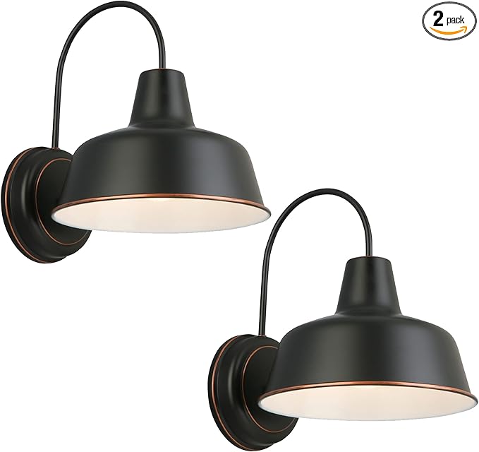 Design House Mason Farmhouse Gooseneck Barn Light, Outdoor Exterior Porch or Patio Wall Light Fixture, Oil Rubbed Bronze, 8 Inch Diameter, 2-Pack, 589218-ORB | Wall Mount, Modern Farmhouse, Steel, 2-Pack, Lighting, 589218-ORB