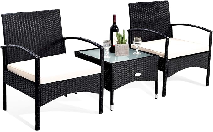 Tangkula 3 PCS Patio Wicker Rattan Furniture Set, Rattan Chair with Coffee Table, High Load Bearing Chair Conversation Sets for Patio Garden Lawn Backyard Pool (Black)