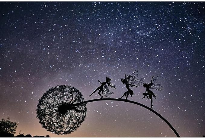 Fcteap Flower Fairy Dancing with Dandelion Garden Art Sculpture Stainless Steel Statue Christmas Halloween Decoration for Outdoor Yard Courtyard Lawn Patio Metal Ornaments (Three Persons)