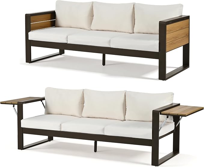 JIVOIT 4-Piece Outdoor Patio Furniture Set for 5 Person, Large Aluminum Frame Conversation Set with 3-Seater Sofa, 2 Armchairs with Fold-Out Side Tables, Modern Garden/Patio Seating, All-Weather Use