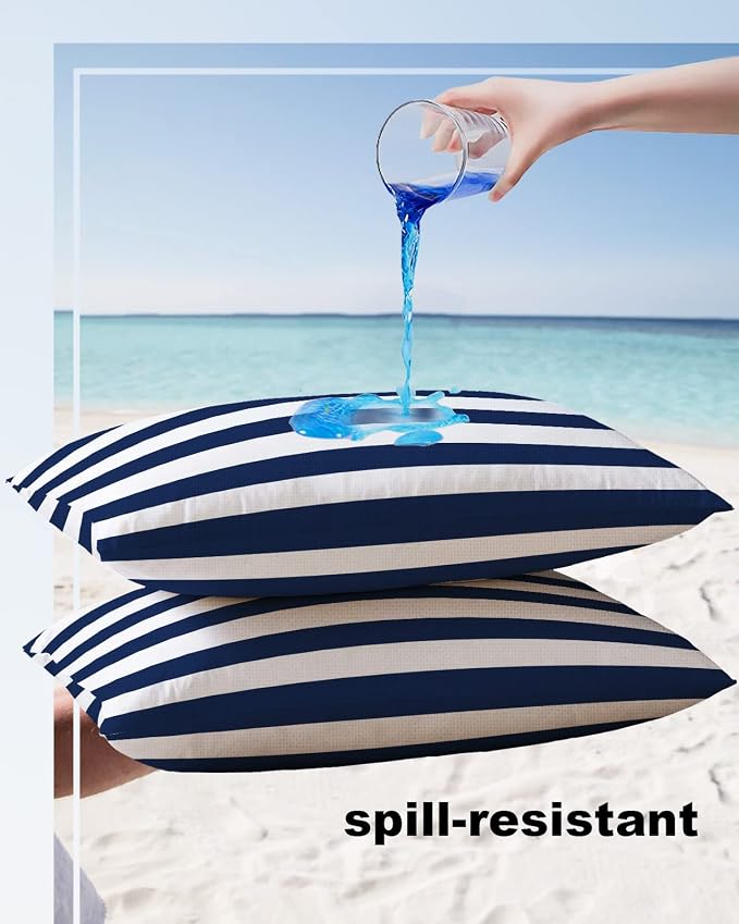 Simple Navy Blue White Stripes Outdoor Pillow Covers Set of 2,Decorative Waterproof Throw Pillow Case, Nautical Theme Stripe Cotton Linen Soft Cozy Cushion Pillowcases