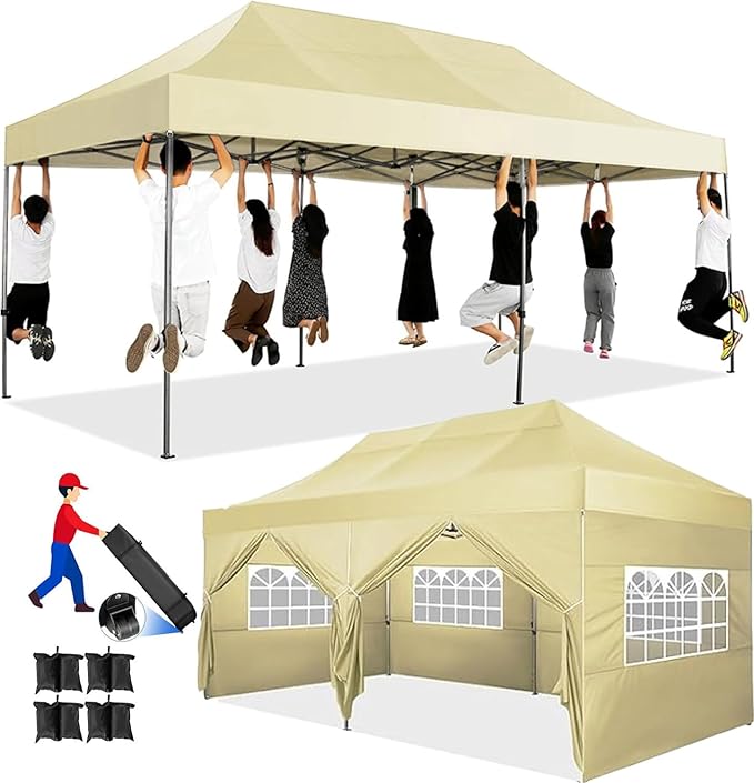 COBIZI 10x20 Pop up Canopy Tent Heavy Duty, Easy Set-up Commercial Outdoor Party Tent, 100% Waterproof Wedding Tents Gazebo, 3 Height Adjustable with Wheeled Bag, Khaki