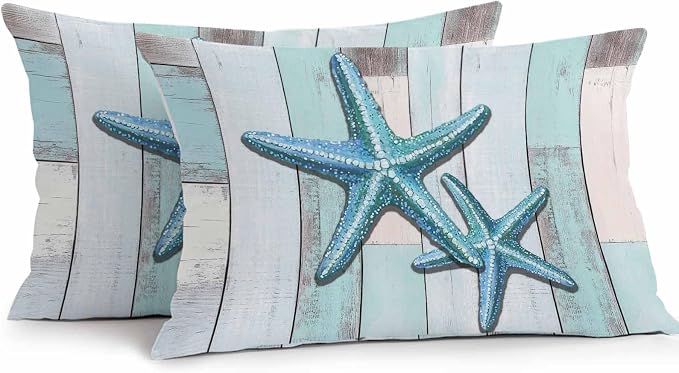 Teal Blue Starfish Waterproof Outdoor Pillow Covers Set of 2 Home Decor, Summer Beach Coastal Retro Wooden Pillowcase Patio Pillow Covers for Couch Bench Furniture Garden 20x12in
