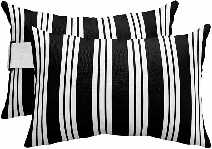 Outdoor Lumbar Pillow Set of 2, Striped Black White Waterproof Beach Headrest Pillow with Inserts, Farmhouse Line Stripes Classic Recliner Throw Pillows for Patio Furniture, 11 x 16