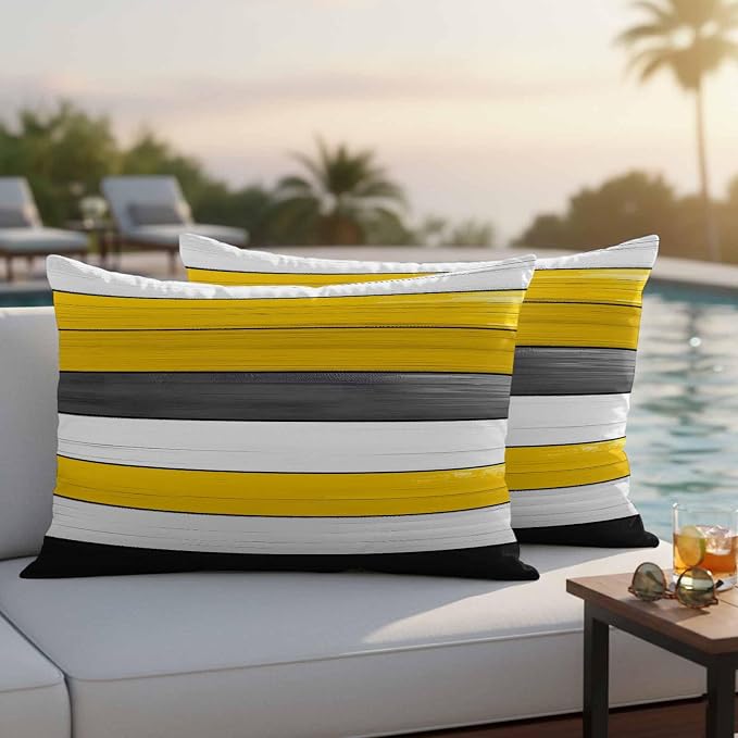 Yellow Black Outdoor Pillow Covers 20"x12" Set of 2, Striped Gradient Wood Grain Modern Art Waterproof Throw Pillow Covers for Patio Furniture, Decorative Cushion Covers for Porch
