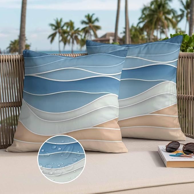 Blue Waterproof Outdoor Pillow Covers Set of 2 Home Decor, Ocean Wave Stripes Modern Abstract Beach Geometric Pillowcase Patio Pillow Covers for Couch Bench Furniture Garden 20x20in