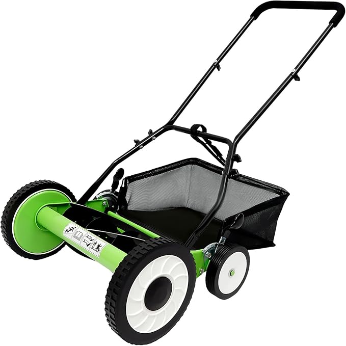 Manual Reel Lawn Mower, 16-Inch Cordless Reel Lawn Mower, Reel Lawnmower with Adjustable Height, Handle & 5-Blade for Villa Yards Park Greening Factory Greening