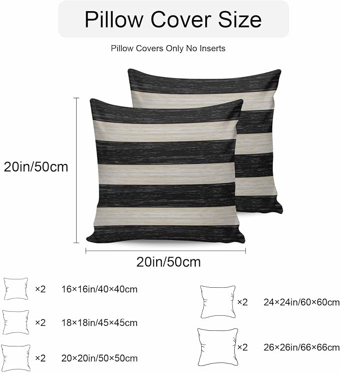 Black Cream Striped Outdoor Pillow Covers 18x18 Inch Throw Pillow Covers Set of 2 Waterproof Decorative Pillow Cases Farmhouse Vintage Shabby Chic Wood Grain Cushion Covers for Patio Furniture Garden