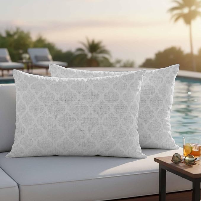 White Moroccan Outdoor Pillow Covers 20x12 Inch Lumbar Pillow Covers Set of 2 Waterproof Decorative Throw Pillow Cases Boho Morocco Geometric Quatrefoil Grid Cushion Covers for Patio Furniture Garden