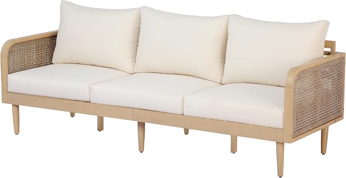 Christopher Knight Home Edward 4 Piece Patio Furniture Set with 3-Seater Sofa, Club Chairs And Coffee Table, 5 Seater Outdoor Acacia Wood Conversation Set, Patio Sofa Set, Light Teak+Light Brown+Cream