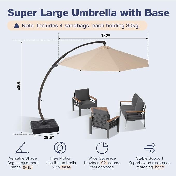 Aoxun Aluminum Patio Furniture Set with Umbrella 4 Seats, Oversized Outdoor Sectional with Washable Thick Cushions, Coffee Table, Patio Conversation Sets for Porch, Balcony, Deck