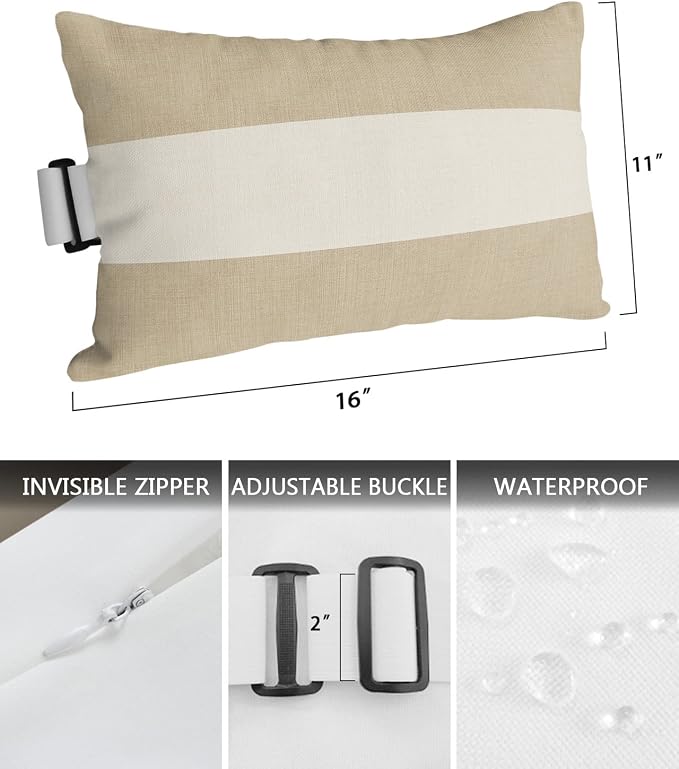Outdoor Pillows Covers with Inserts Country Retro Vintage Linen Texture Waterproof Recliner Pillow with Adjustable Strap Throw Pillows for Patio Furniture Pool Lounge Chair, 11x16 inch, 1PCS