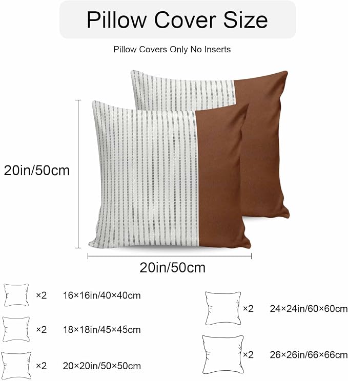 Boho Brown Leather Texture Outdoor Pillow Covers 24x24 Inch Throw Pillow Covers Set of 2 Waterproof Decorative Pillow Cases Modern Black Striped Cushion Covers for Patio Furniture Garden Couch Sofa
