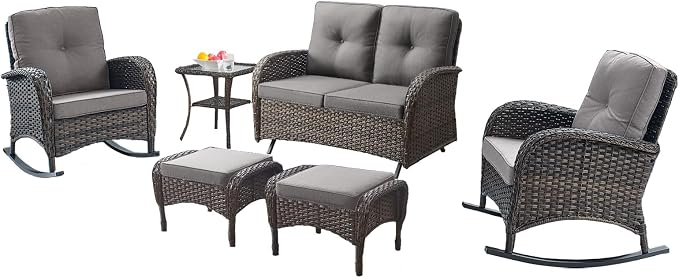Belord 6 Pieces Outdoor Patio Furniture Set with Wicker Rocking Chairs, Rattan Patio Conversation Set with Glider Loveseat Ottomans and Side Table Brown/Grey